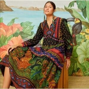 Farm Rio Forest Tapestry Midi Dress XS Long Sleeve Boho Festival Embroidered